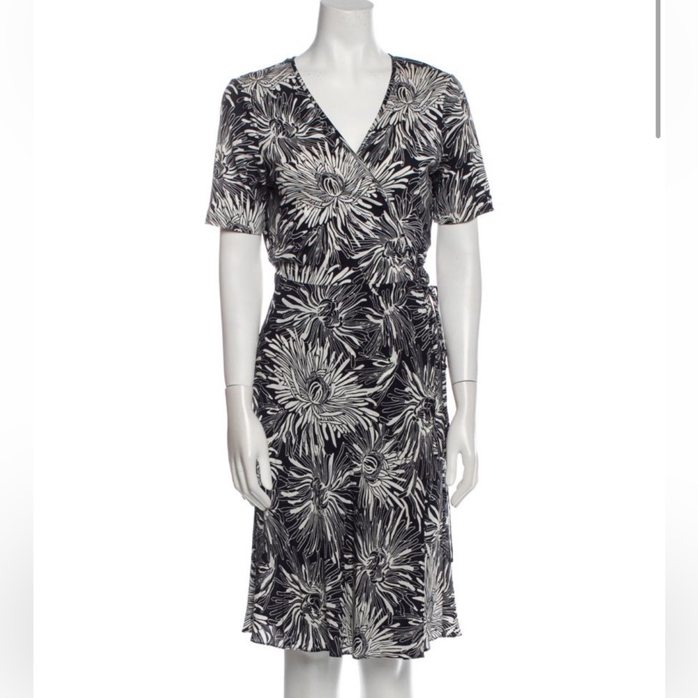 DVF Black and White Floral wrap Dress